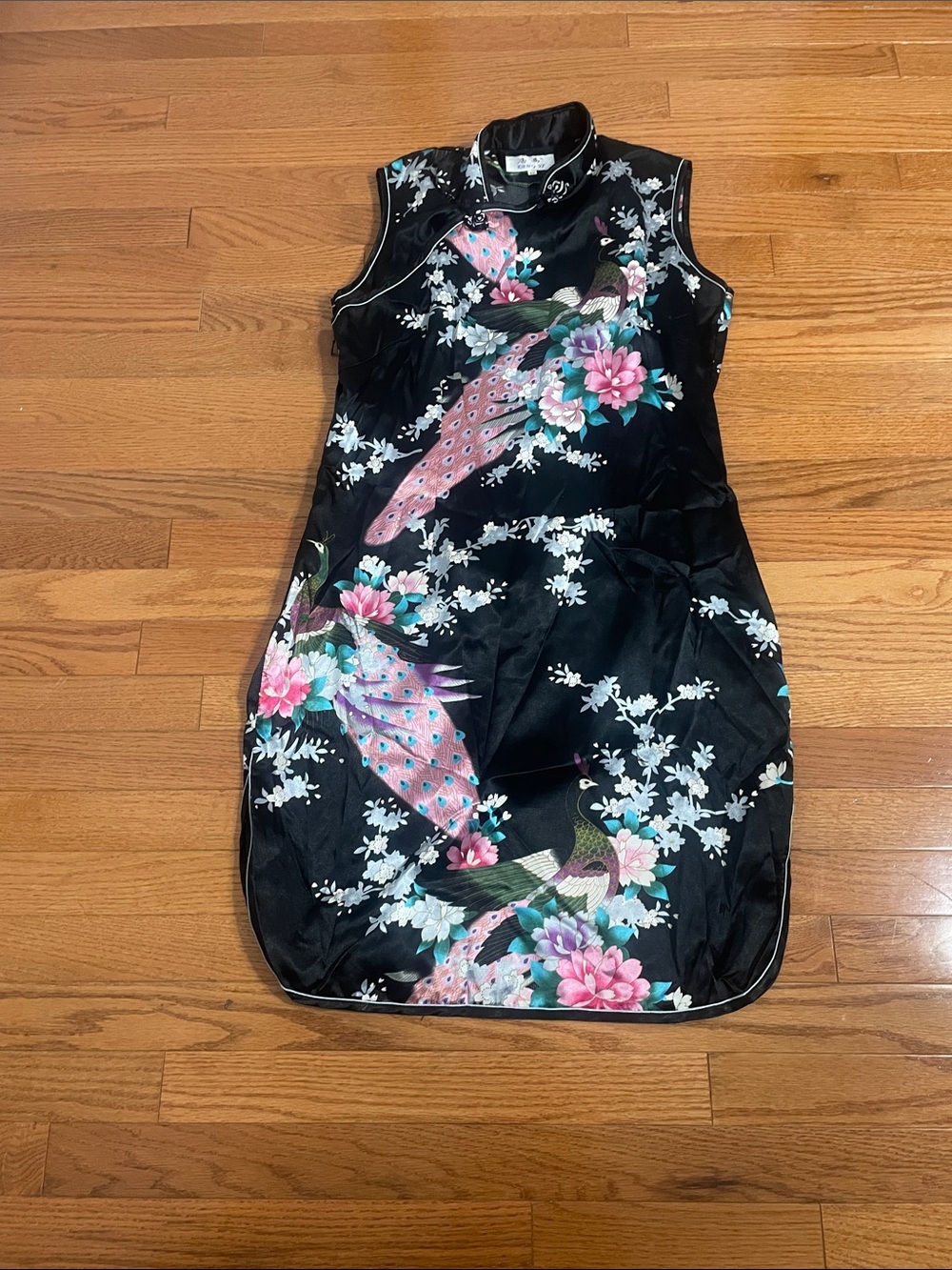 Black Floral Cheongsam Mini Dress with Pink & Teal Accents
